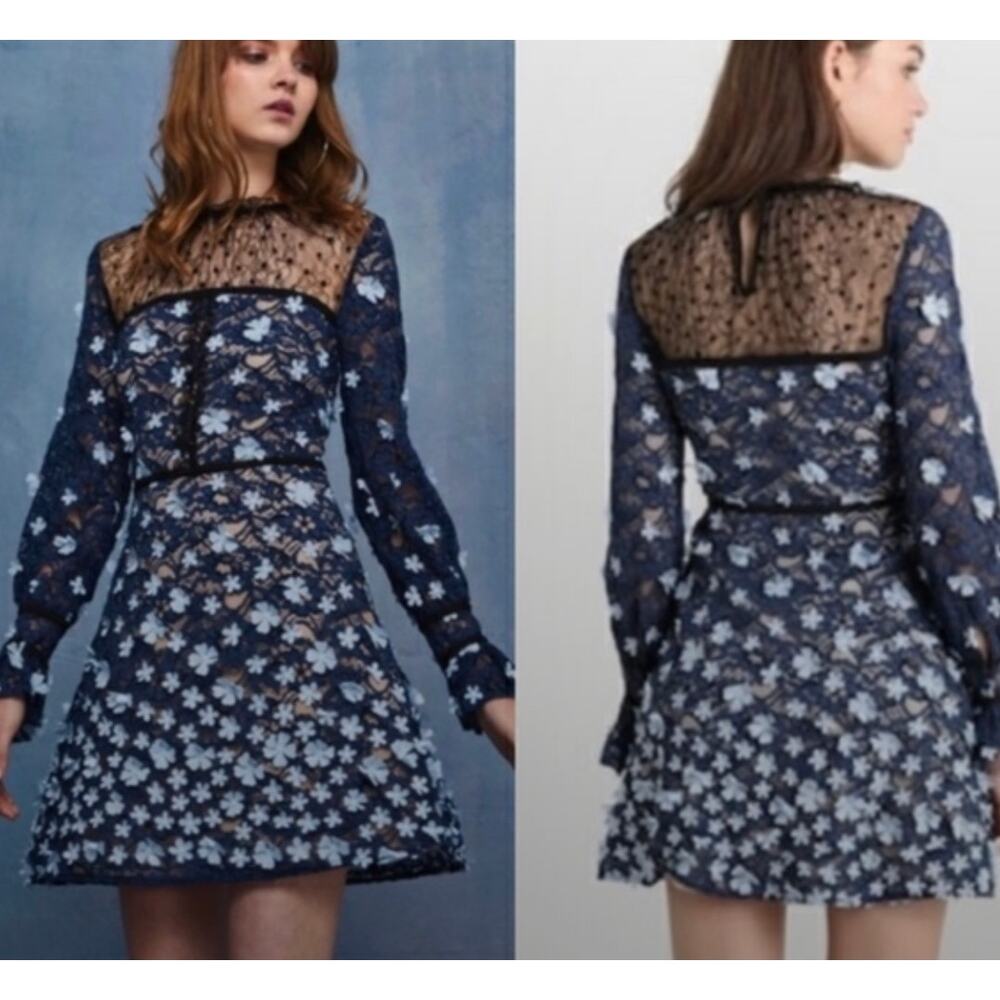 $238 foxiedox | Felicia | Crochet Lace Dress with Sheer Lace Neck Blue Size 8